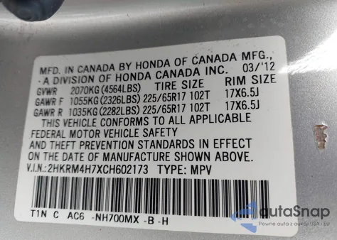 2012 Honda Cr-V Ex-L z USA, uszkodzony, nr VIN 2HKRM4H7XCH602173